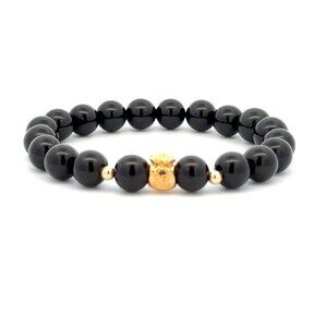 18K Gold Money Bag Lucky Charm Beads Bracelet Gemstones Obsidian 8mm